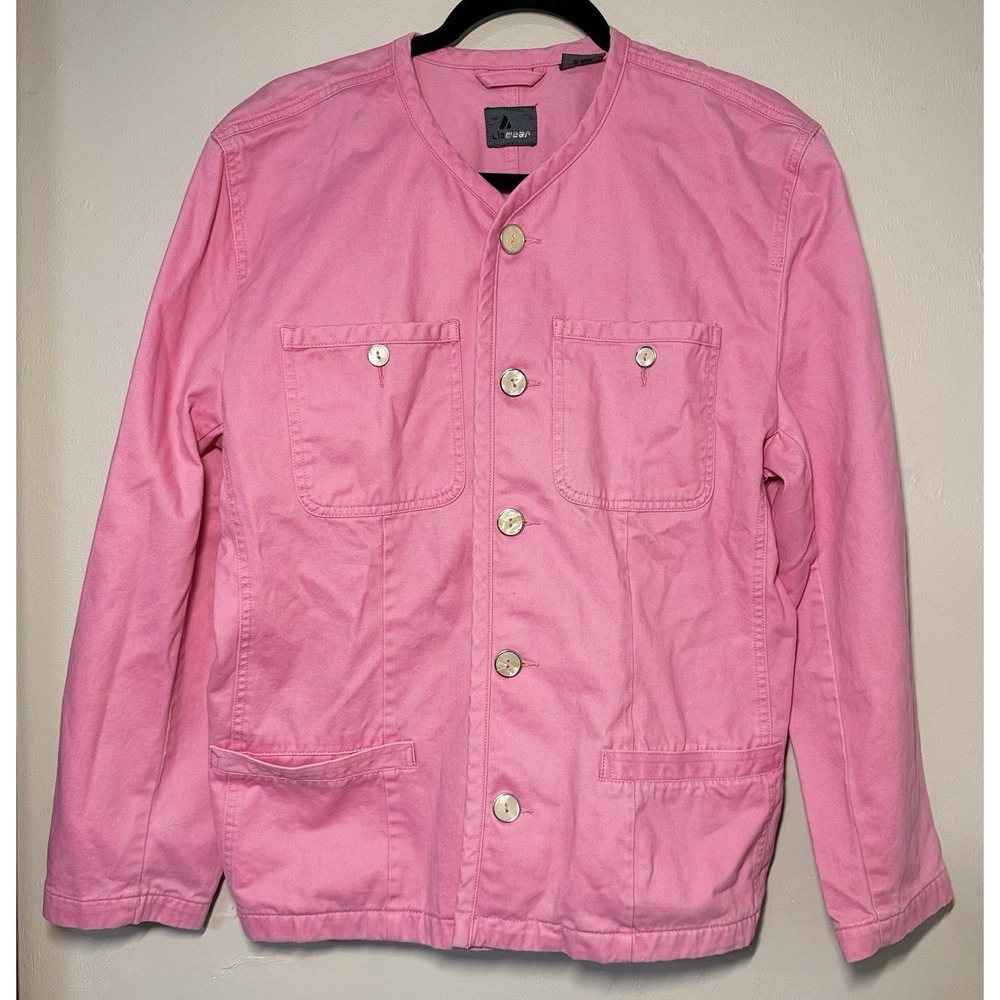 Lizwear Denim Jacket Women's Size 14 Pink Pocket Full Button Down Collarless